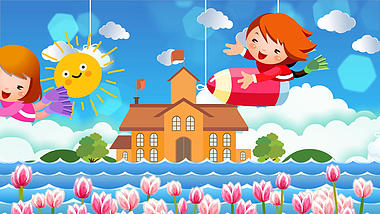 卡通天空小孩飞翔学校六一儿童节动态背景视频的预览图