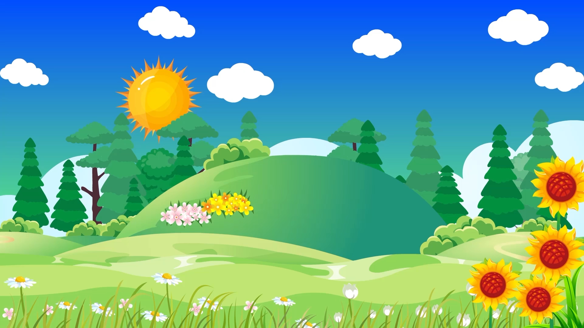 六一儿童节动态卡通草地花朵树木背景视频的预览图
