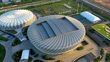 4K武汉城市国际网球中心建筑外貌航拍实拍视频视频的预览图