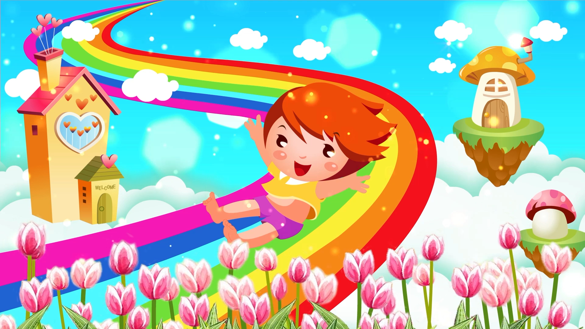 卡通彩虹女孩玩耍六一儿童节卡通动态背景视频的预览图