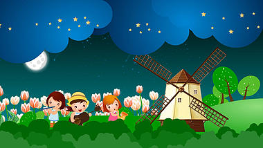 夜晚田野歌唱卡通六一儿童节动态背景视频的预览图
