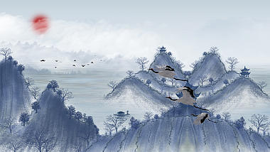 原创中国风蓝白色湖面飞鹤视频背景水墨风古风背景AE模板视频的预览图