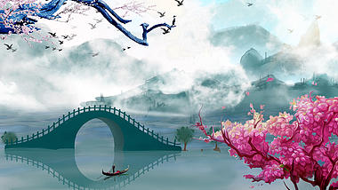 原创中国风蓝色湖水云雾视频背景古风水墨风诗词朗诵背景AE模板视频的预览图