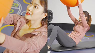 4K女孩举瑜伽球腹部运动健身房视频的预览图