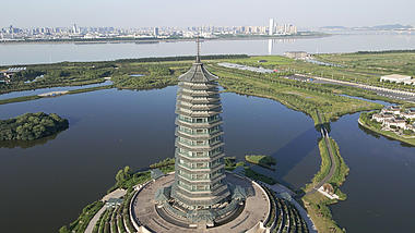 4K航拍杭州地标建筑中国水利博物馆晴天视频的预览图