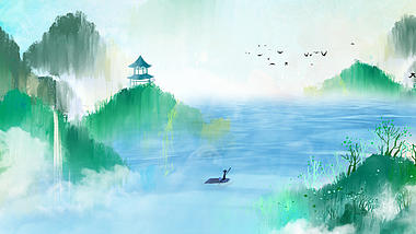原创中国风清新绿色湖水视频背景AE模板视频的预览图