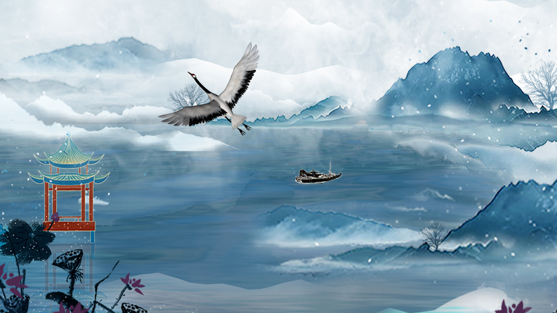 原创中国风蓝色湖面雪景视频背景AE模板视频的预览图