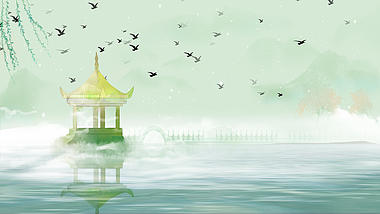 原创中国风绿色湖面水墨视频背景AE模板视频的预览图