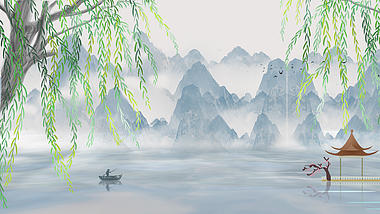 原创中国风柳树湖水水墨视频背景古风水墨风诗词朗诵视频动态背景视频的预览图
