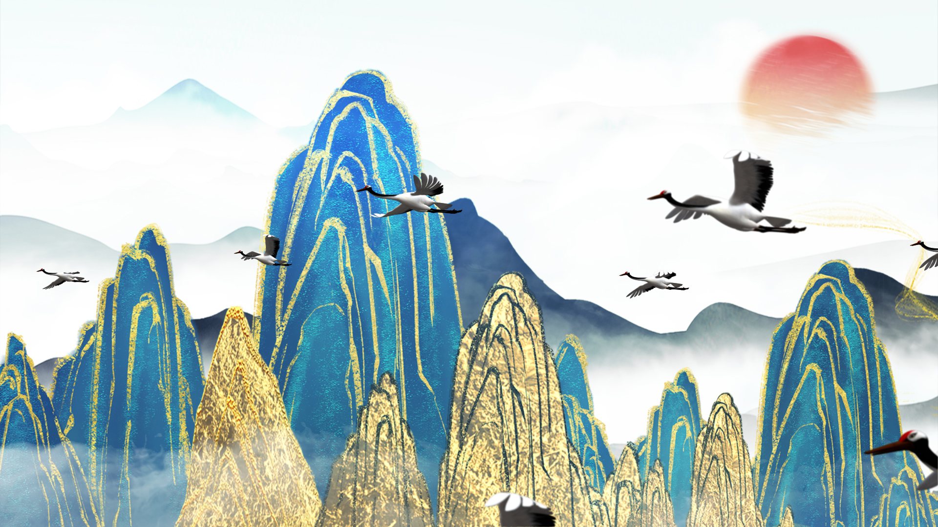 原创中国风鎏金水墨飞鸟视频背景视频的预览图