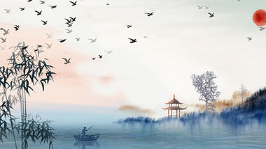 原创中国风浪漫湖景飞鸟视频背景视频的预览图