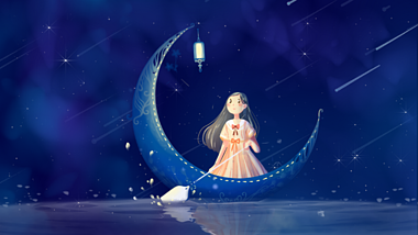 原创蓝色唯美少女划船夜晚月亮船视频背景视频的预览图