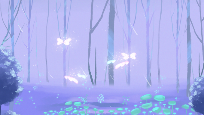 原创紫色梦幻森林发光舞蝶飞舞唯美背景视频AE模板视频的预览图