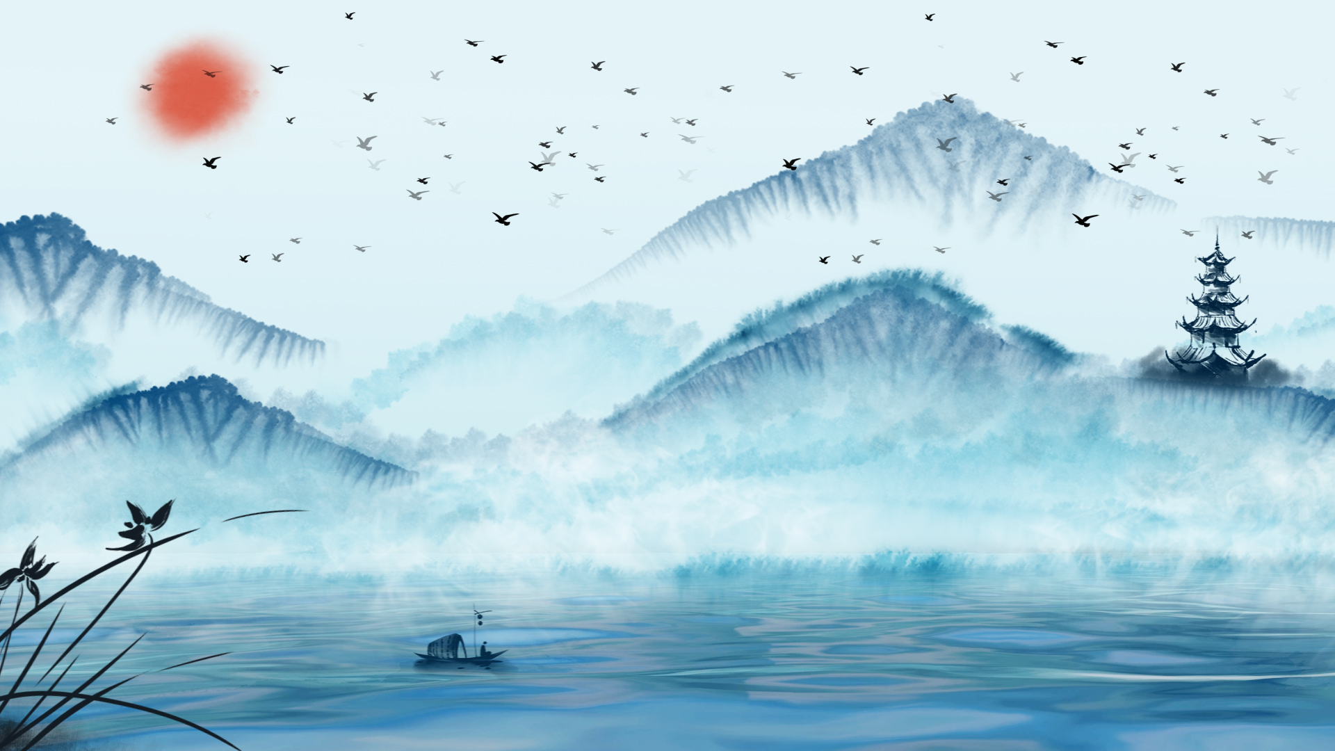 原创中国风大气湖面飞鸟视频背景AE模板视频的预览图
