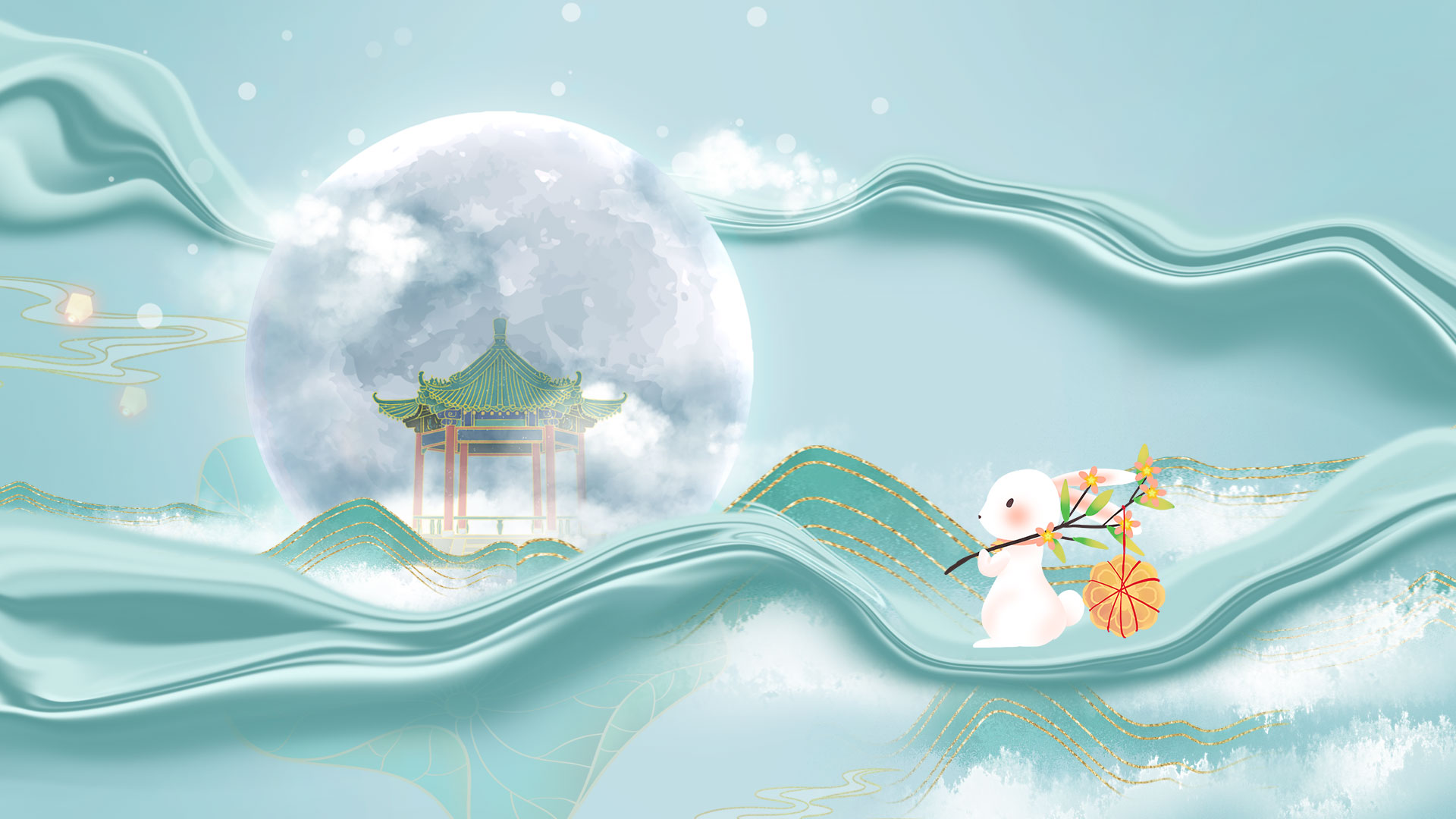 原创鎏金中秋节中国风浅绿玉兔明月动态视频背景视频的预览图