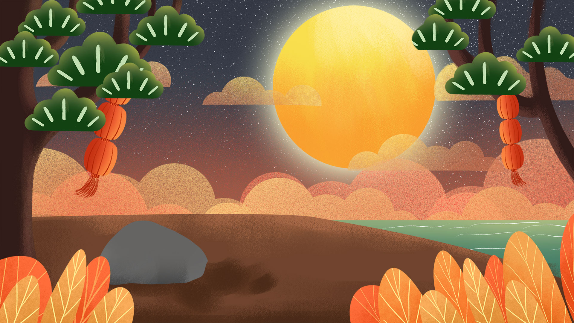 原创中秋节玉兔赏月月饼树林灯笼动态视频背景视频的预览图
