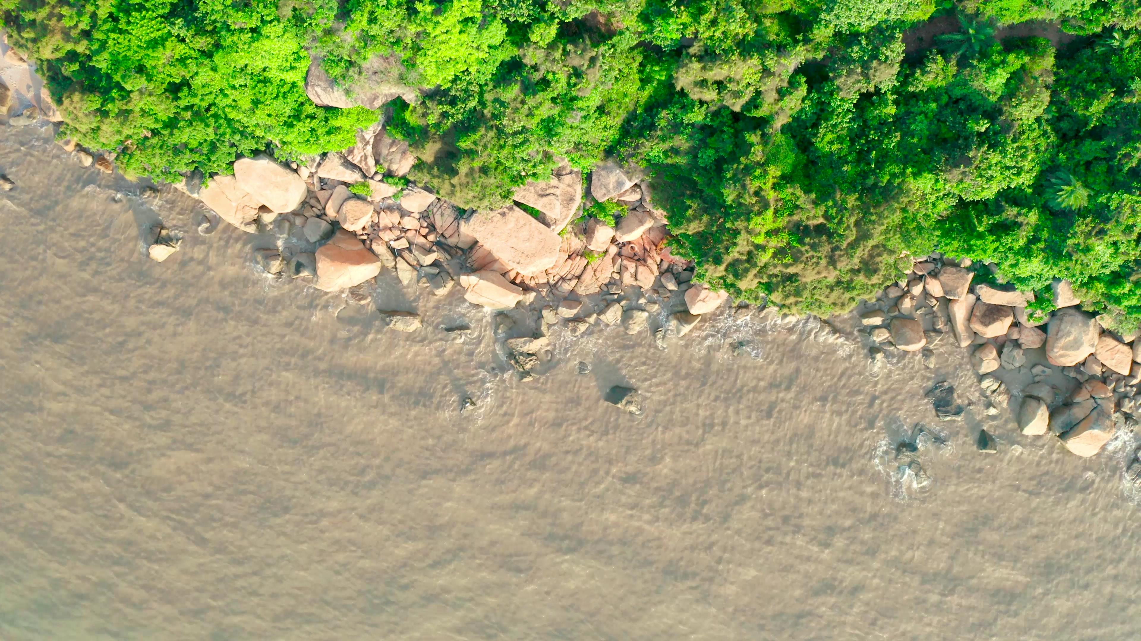 4K俯拍江海海浪拍打礁石树林视频视频的预览图