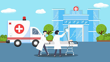 医院急诊救护车健康插画动态MG场景视频背景视频的预览图