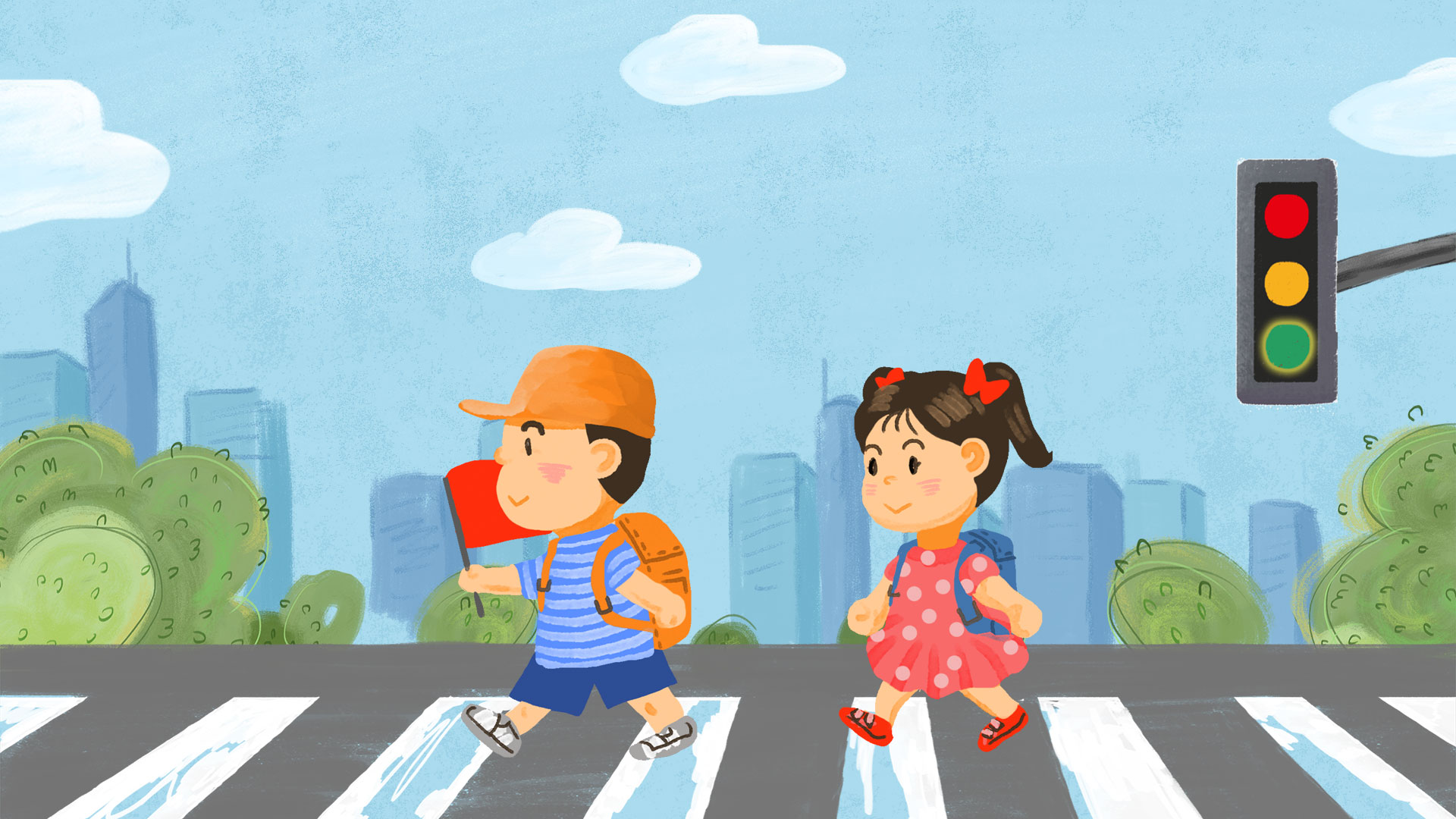 手绘儿童过城市马路交通动态MG场景视频背景视频的预览图