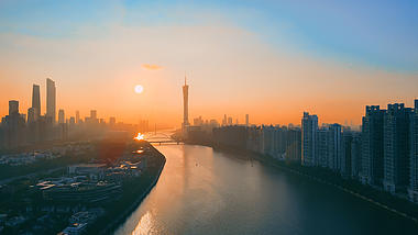 4K航拍唯美广州珠江新城日出东方视频的预览图