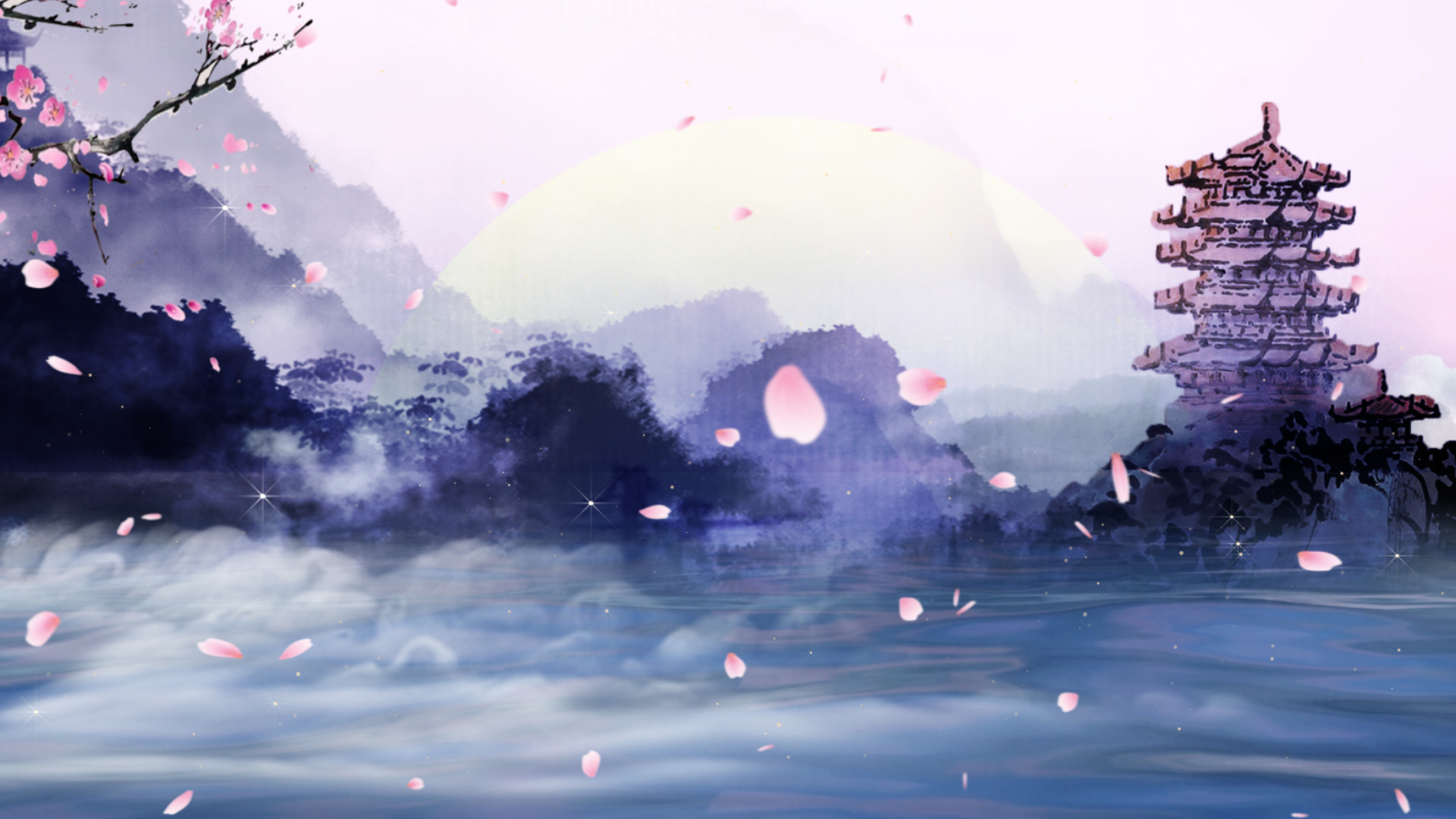 原创中国风紫色梦幻山水视频背景AE模板视频的预览图