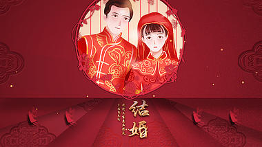 喜庆红色中式剪纸风婚礼照片展示ae模板视频的预览图