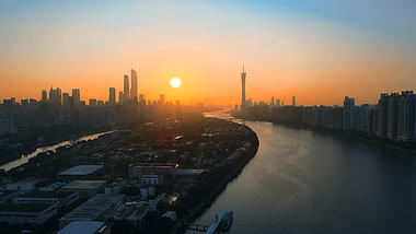4K唯美逆光航拍广州湾城市日出视频的预览图