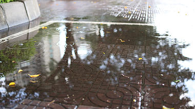 4k下雨路面人行道积水滴水视频的预览图
