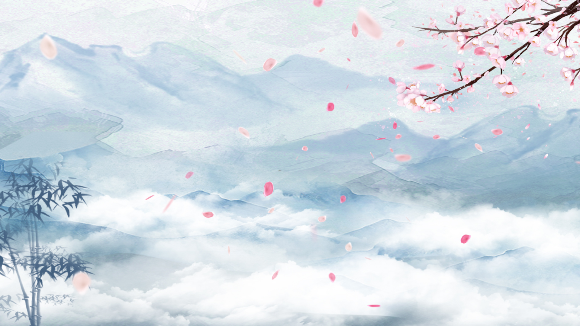 原创中国风蓝色清新山间云雾弥漫花瓣飘洒视频背景AE模板视频的预览图