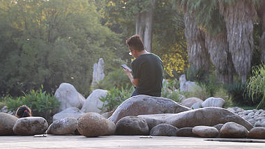 1080公园男子坐在石头上玩手机实拍视频视频的预览图