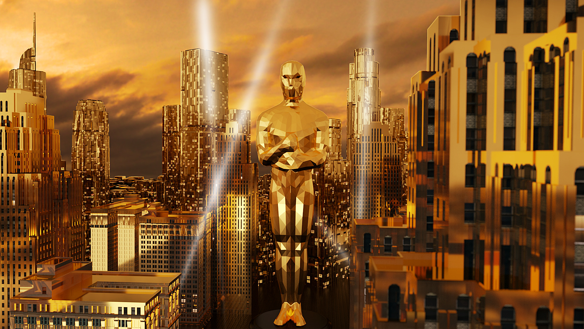 大气金色雕像三维城市舞台穿梭颁奖典礼开场视频的预览图