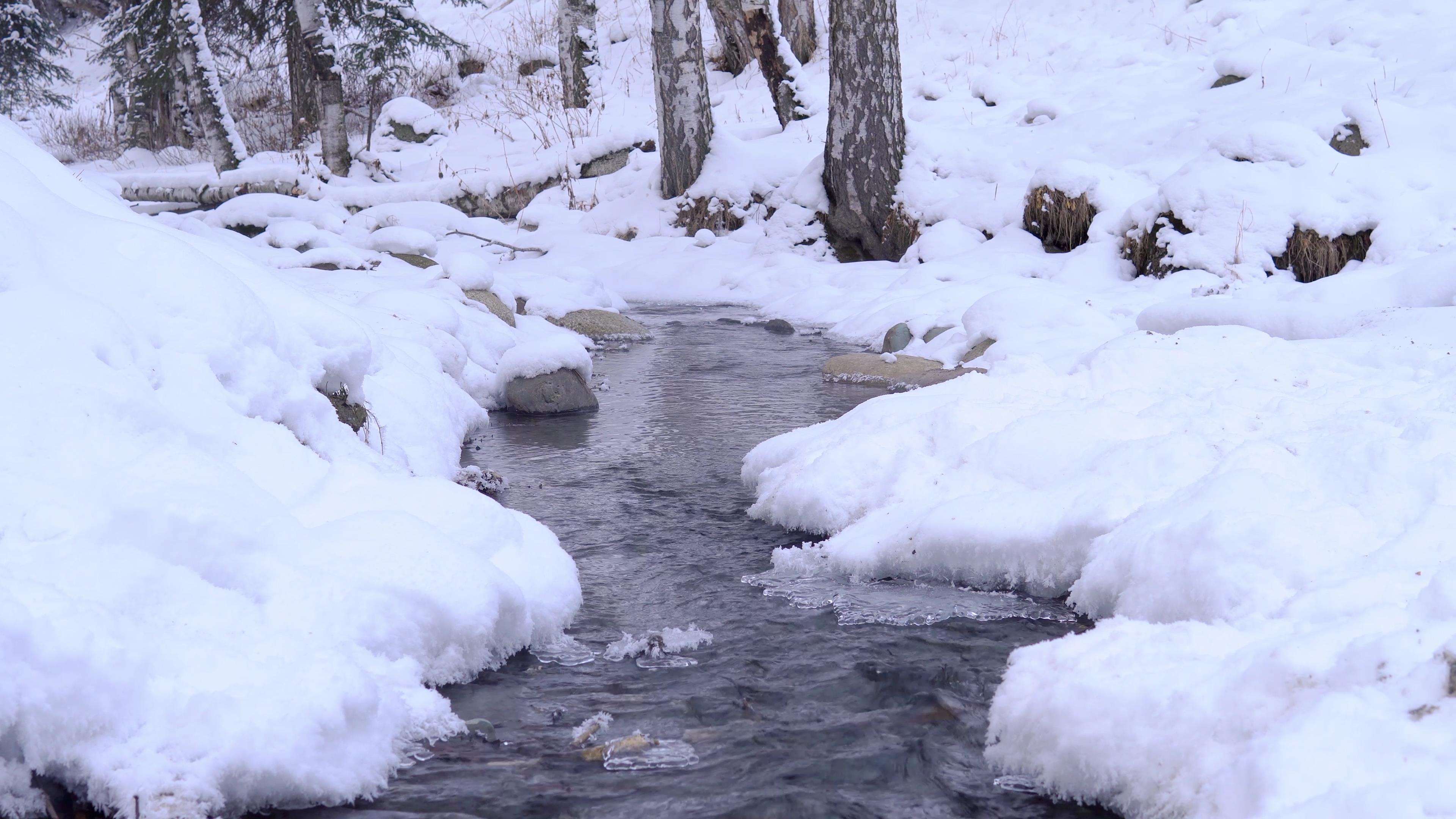 4K实拍东北不冻河边的融雪河流冰雪世界视频素材视频的预览图
