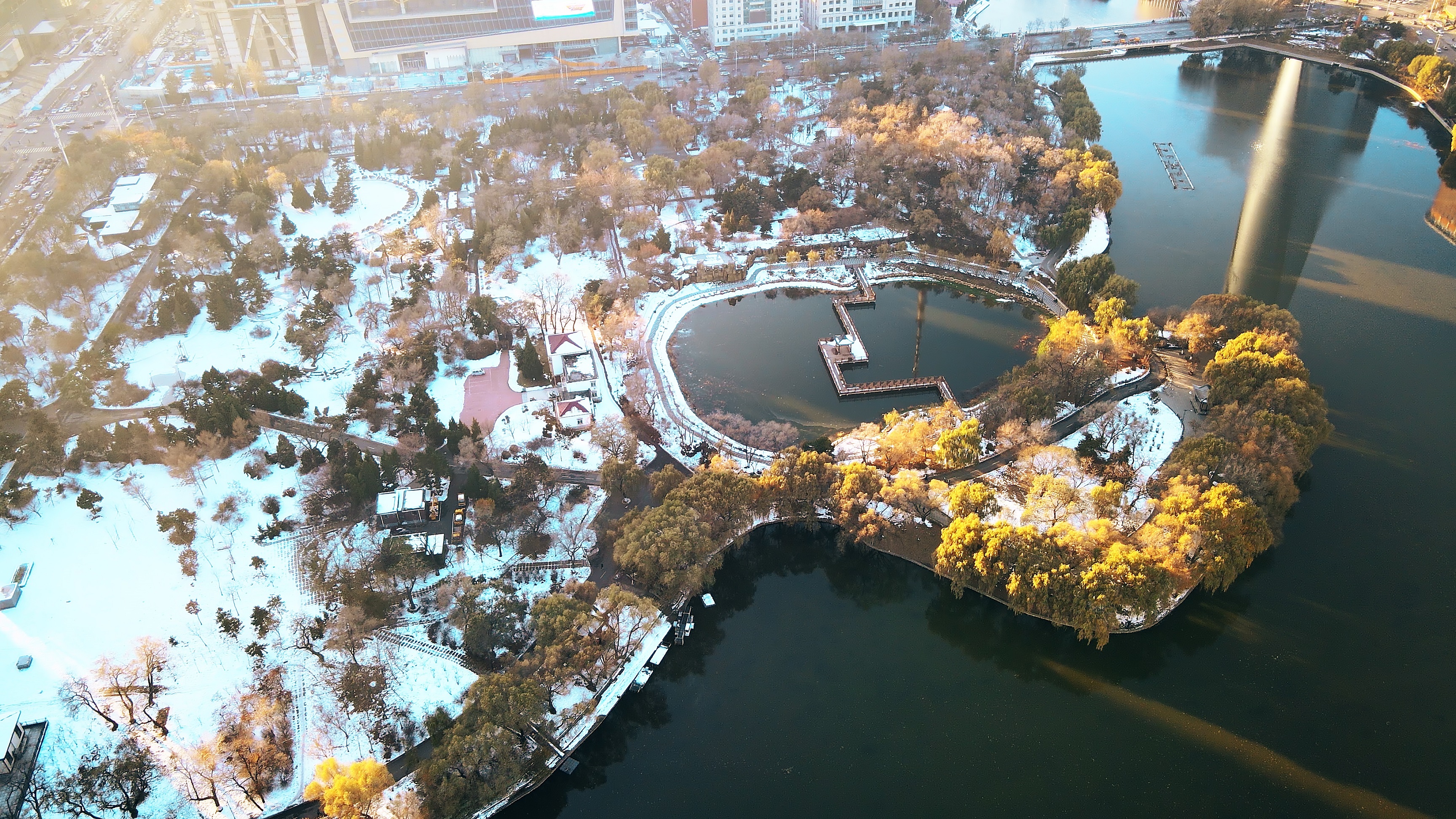 4K唯美航拍冬季沈阳青年公园城市雪景视频的预览图