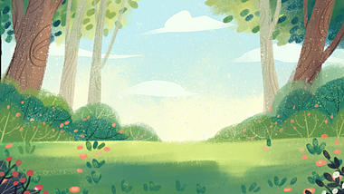 插画手绘风森林草地绿色清新云朵树丛视频背景视频的预览图