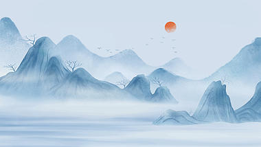 青色淡雅中国风水墨山水画诗朗诵视频背景视频的预览图