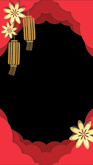 竖版立体剪纸风新年春节新春金色花灯笼边框视频的预览图