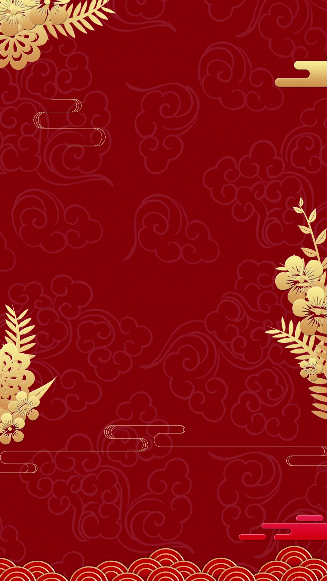 竖屏新年春节烫金花朵叶子浪花中国风红色竖版视频背景视频的预览图