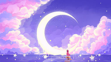 原创唯美梦幻粉紫色天空云月亮女孩梦中世界视频背景视频的预览图