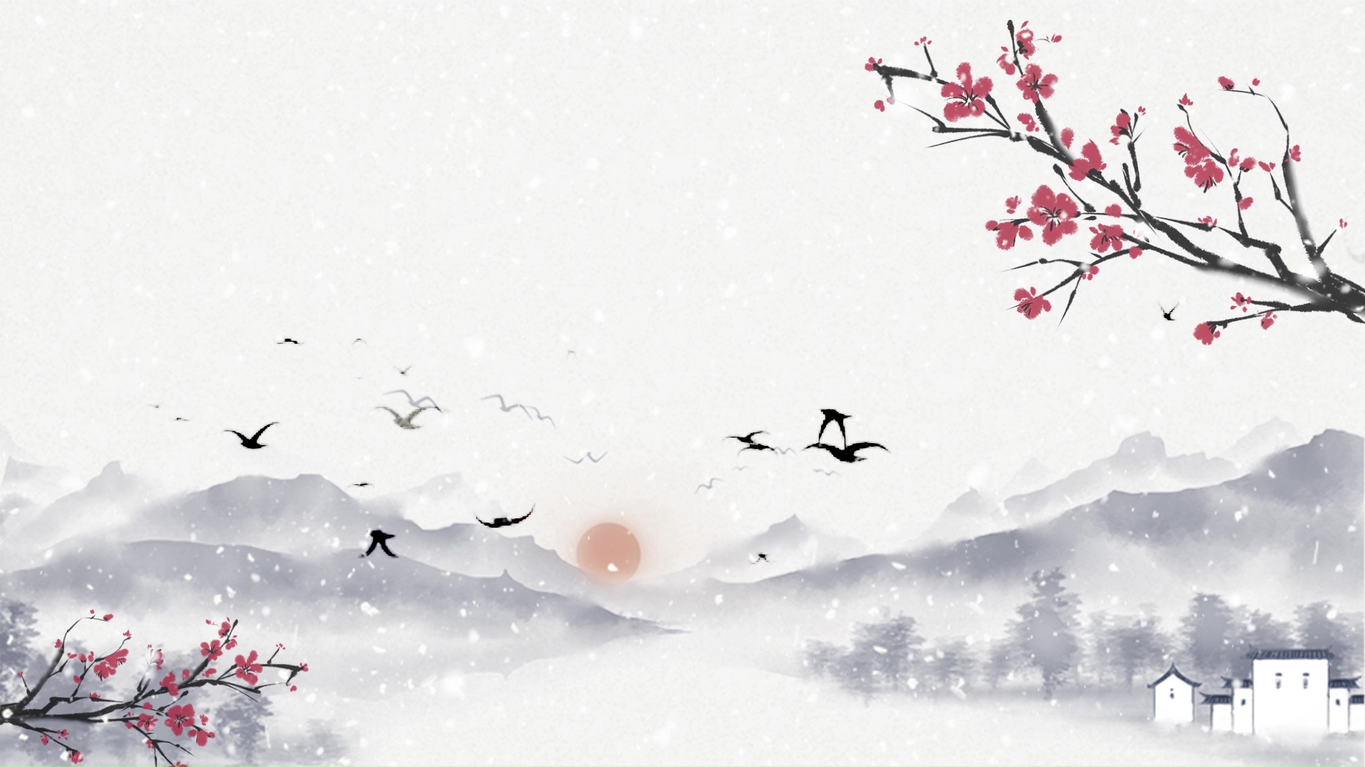 水墨山水画冬季梅花开视频背景视频的预览图