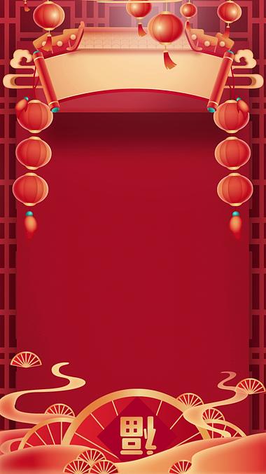 竖屏国潮手绘风新春春节灯笼喜庆红色竖版视频背景视频的预览图