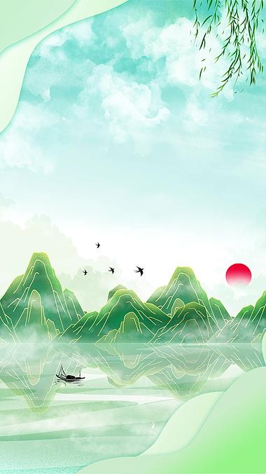 春天古风山水木船燕子小鸟柳树春季风景中国风绿色竖版视频背景视频的预览图