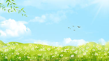 手绘风春天春季户外踏青绿色风光蓝天白云视频背景视频的预览图