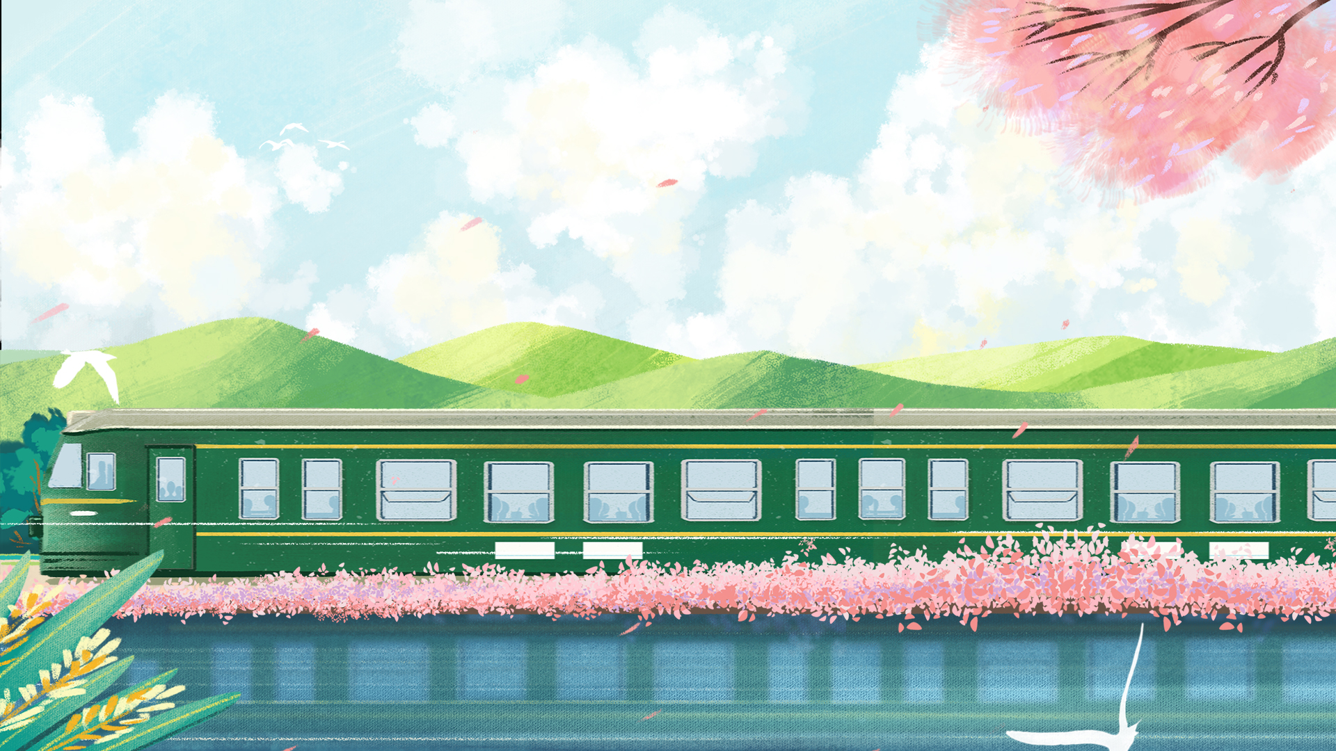 春天背景绿色山川火车蓝天白云视频背景视频的预览图