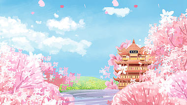 春天武汉黄鹤楼下飞舞的清新粉色樱花视频背景视频的预览图