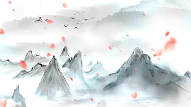 原创中国风水墨山水画古风山水花瓣飘落视频背景ae模板视频的预览图