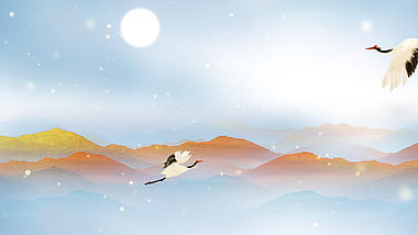 原创中国风蓝色鎏金山脉仙鹤飞舞视频背景ae模板视频的预览图