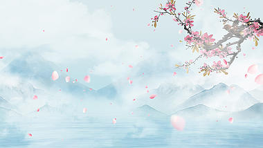 原创中国风花鸟蓝色水墨画湖景视频背景视频的预览图