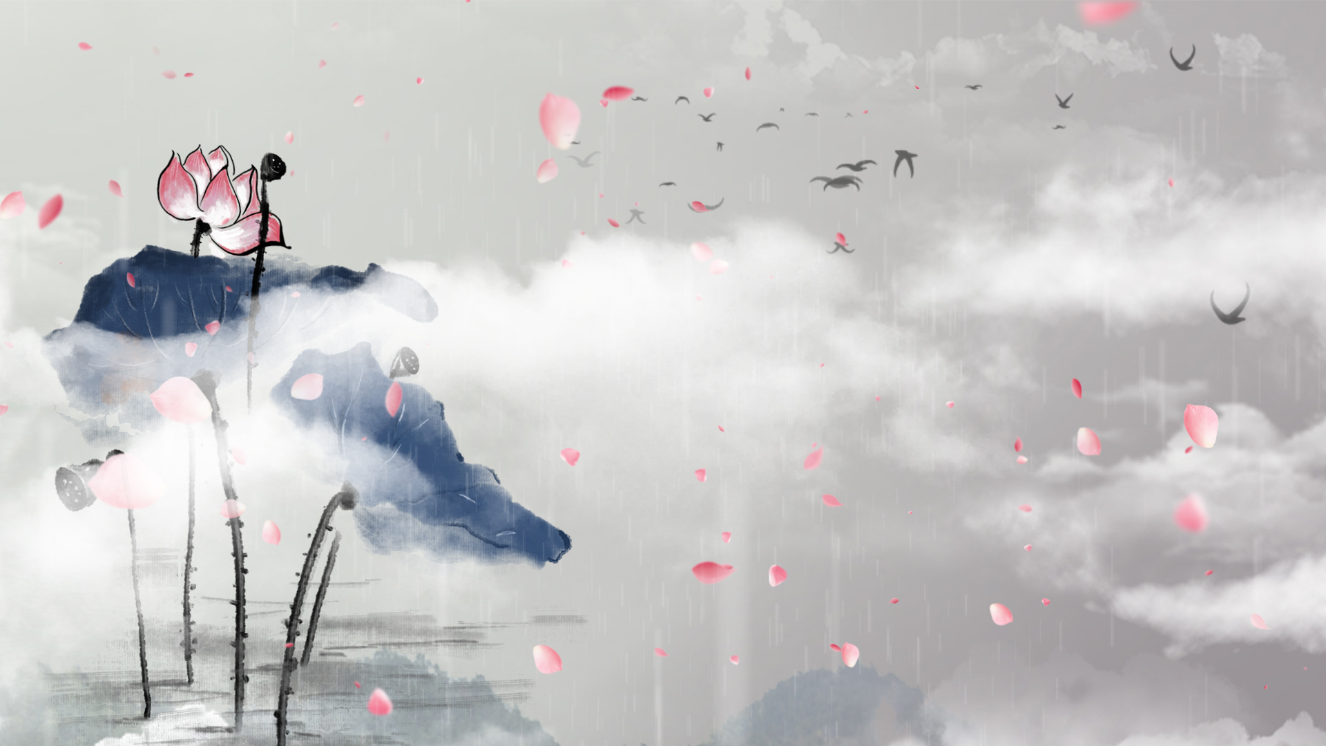 原创中国风水墨荷花花瓣飘落山水画视频背景视频的预览图