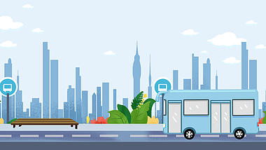 城市公交车巴士街道建筑高楼大厦道路MG动画场景扁平蓝色视频背景视频的预览图