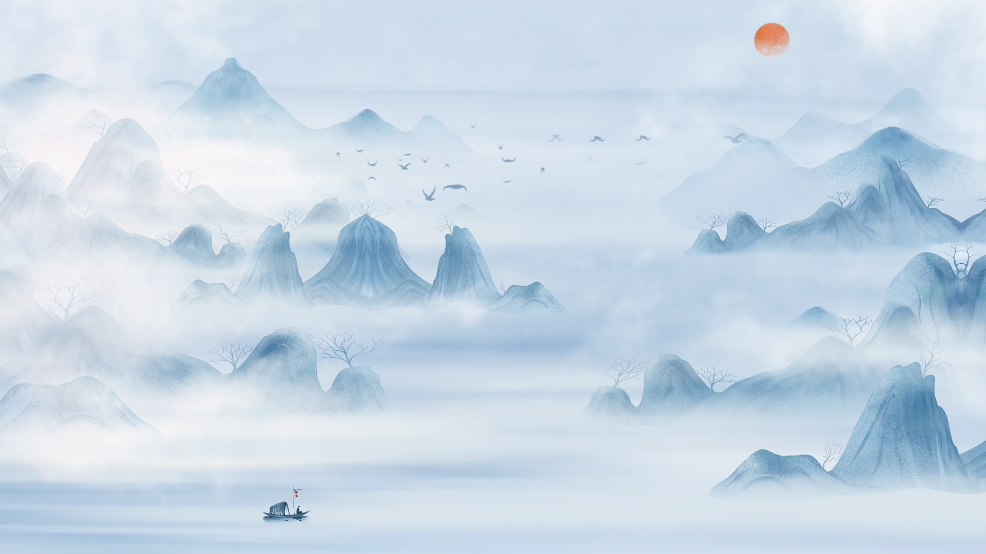 原创中国风水墨山水画蓝色大气视频背景视频的预览图